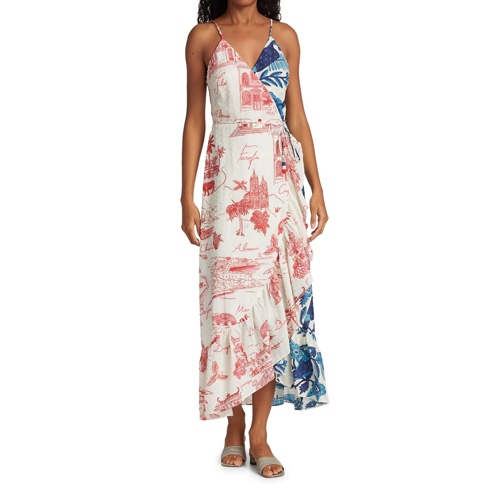 Farm Rio Dual White Prints Maxi Wrap Dress XS Floral Ruffle Hem Beaded Tassels